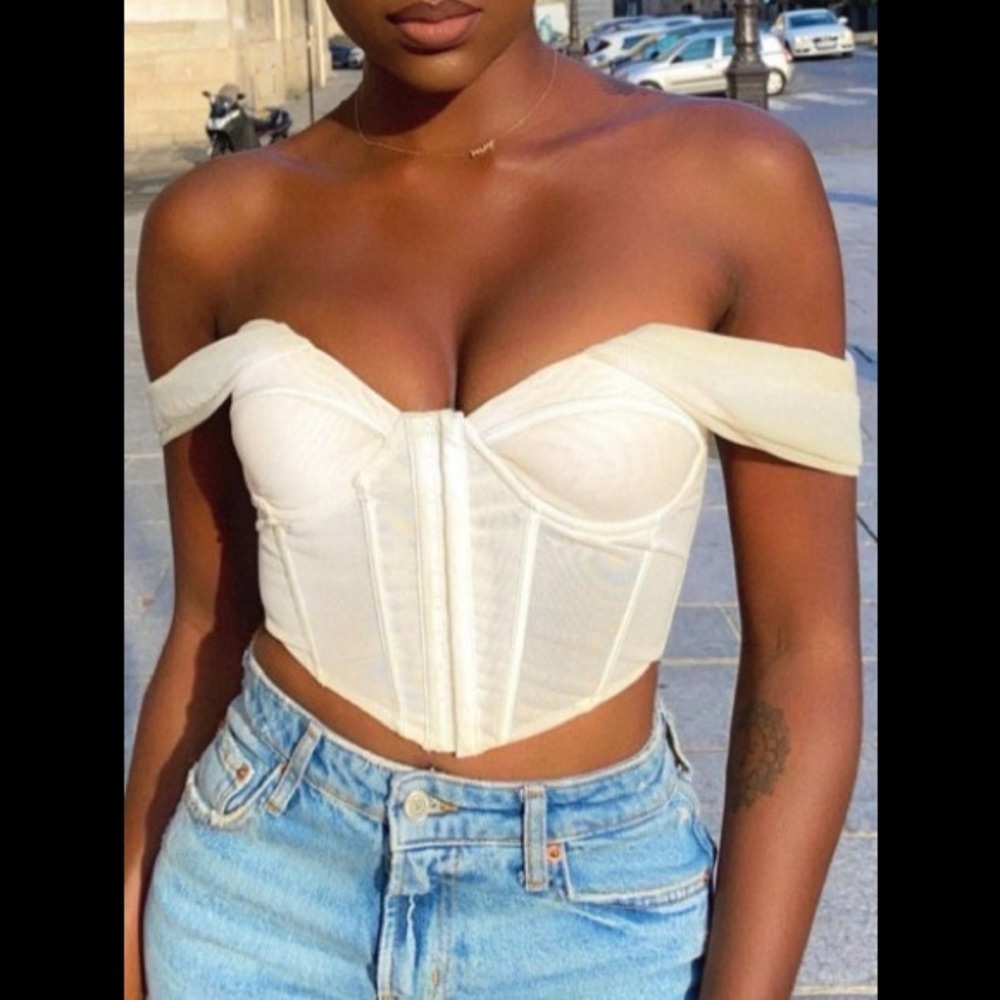 Sweet Off The Shoulder Draped Straps W/ Hook & Eye White Sheer Bustier Corset